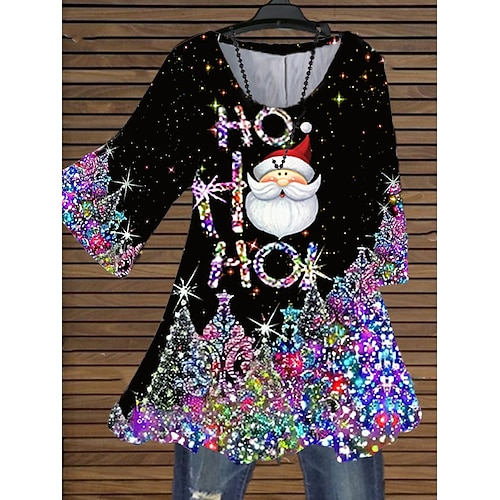 

Women's Plus Size Christmas Tops Blouse Shirt Santa Claus Snowflake Print 3/4 Length Sleeve Crew Neck Casual Festival Daily Cotton Spandex Jersey Winter Fall Purple Gold