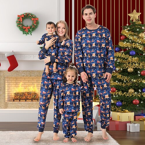 

Christmas Pajamas Ugly Family Set Deer Santa Claus Christmas Pattern Christmas Gifts Royal Blue Long Sleeve Mom Dad and Me Mom Dad and Me Daily Matching Outfits Fall Winter