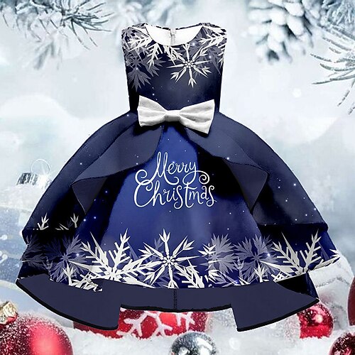 

Kids Girls' Christmas Dress Letter Swing Dress Knee-length Dress Christmas Gifts Ruffle Crew Neck Sleeveless Elegant Dress 3-10 Years Winter Blue