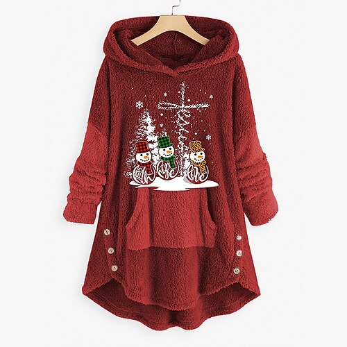 

Women's Sweatshirt Pullover Sherpa Fleece Teddy Button Front Pocket Black Red Snowman Street Round Neck Long Sleeve Fleece S M L XL XXL 3XL