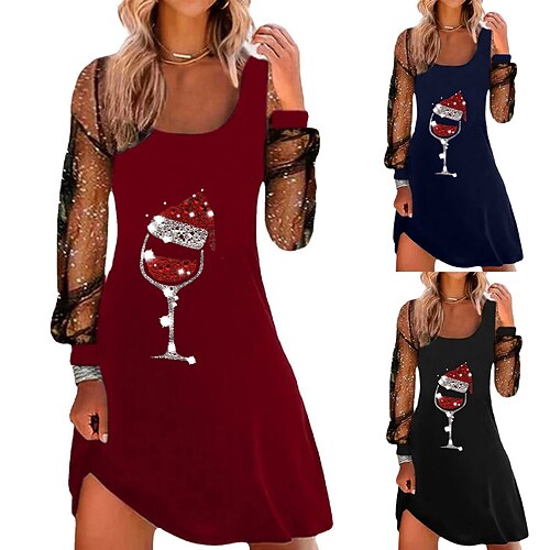 

Women's Christmas Sheath Dress Midi Dress Blue Wine Black Long Sleeve hat Mesh Winter Fall Square Neck Fashion Elegant Fall Dress 2022 S M L XL 2XL 3XL / Winter Dress