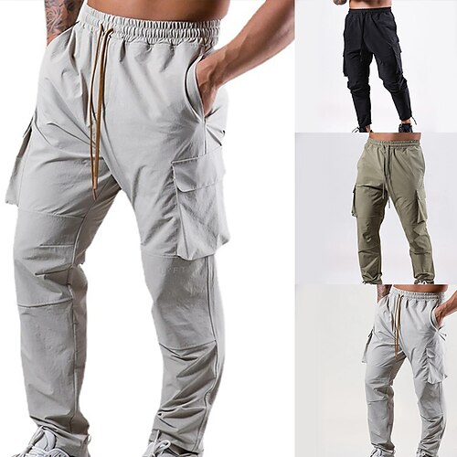 

Men's Trousers Workout Pants Casual Pants Drawstring Elastic Waist Multi Pocket Solid Colored Breathable Quick Dry Full Length Casual Daily Fashion Streetwear Black Army Green Micro-elastic