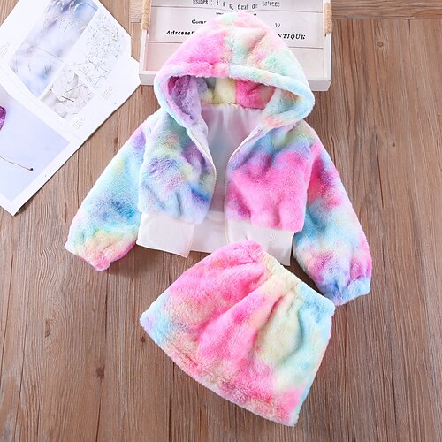 

2 Pieces Toddler Girls' Tie Dye Skirt & Coat Set Long Sleeve Active Outdoor 3-7 Years Winter Pink