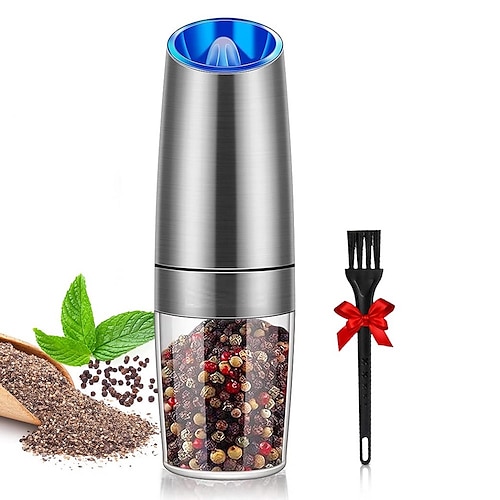 Gravity Electric Pepper and Salt Grinder Set, Adjustable Coarseness,  Battery Powered with LED Light, One Hand Automatic Operation, Stainless  Steel