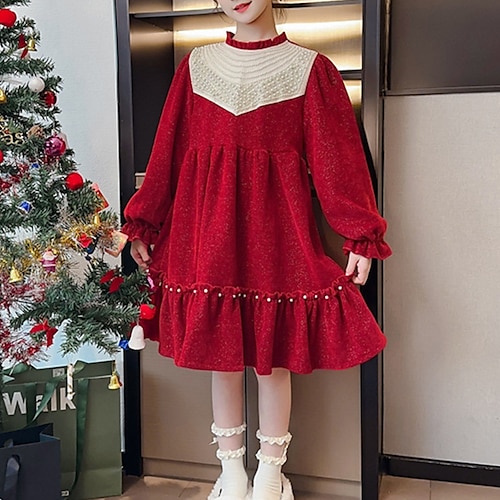 

Kids Girls' Christmas Dress Solid Color A Line Dress Above Knee Dress Outdoor Crew Neck Long Sleeve Casual Dress 3-13 Years Winter Red