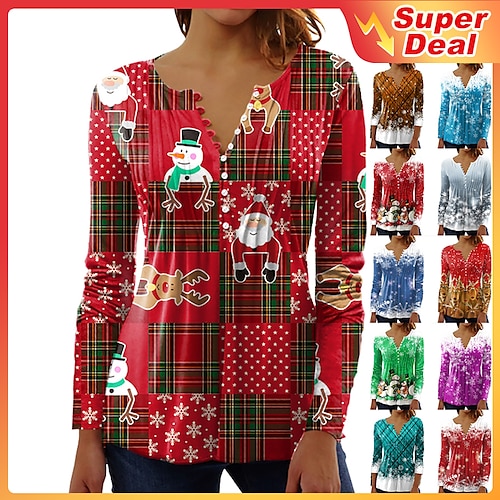 

Women's Blouse Shirt Maroon Wine Red Green Plaid Deer Button Print Long Sleeve Casual Holiday Christmas Round Neck Regular S