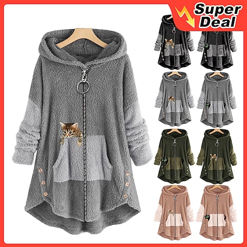 

Women's Winter Jacket Sherpa jacket Fleece Jacket Windproof Warm Outdoor Daily Wear Vacation Going out Embroidered Zipper Pocket Zipper Hoodie Casual Modern Plush Animal Regular Fit Outerwear Long