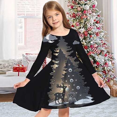 

Kids Girls' Christmas Dress Christmas Tree Casual Dress Above Knee Dress Christmas Gifts Crewneck Long Sleeve Adorable Dress 2-13 Years Winter Black