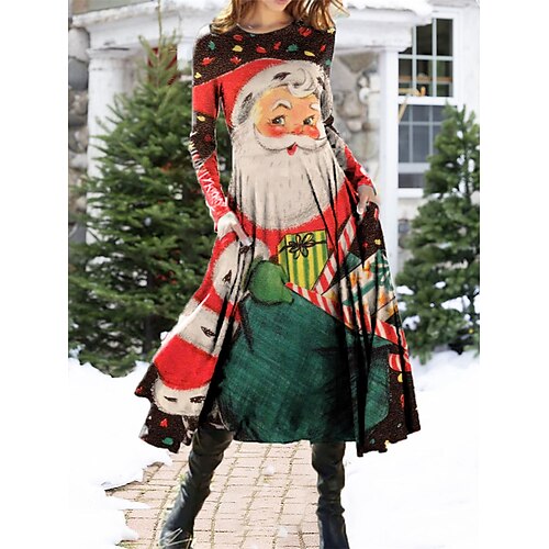 

Women's Christmas Casual Dress Swing Dress Midi Dress Red Long Sleeve Santa Claus Pocket Winter Fall Autumn Fashion Daily Weekend 2022 S M L XL XXL 3XL