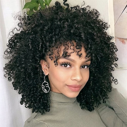

parrucche ricci per donne nere 14 pollici parrucche afro ricci morbidi con frangia parrucche ricci nere sintetiche premium parrucca piena riccia per uso quotidiano delle donne nere