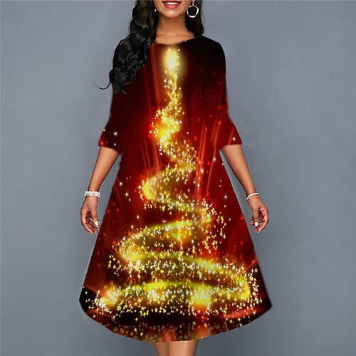 

Women's Casual Dress Shift Dress Swing Dress Midi Dress Wine 3/4 Length Sleeve Christmas Tree Ruched Winter Fall Spring Crew Neck Fashion Christmas Daily 2022 S M L XL XXL 3XL