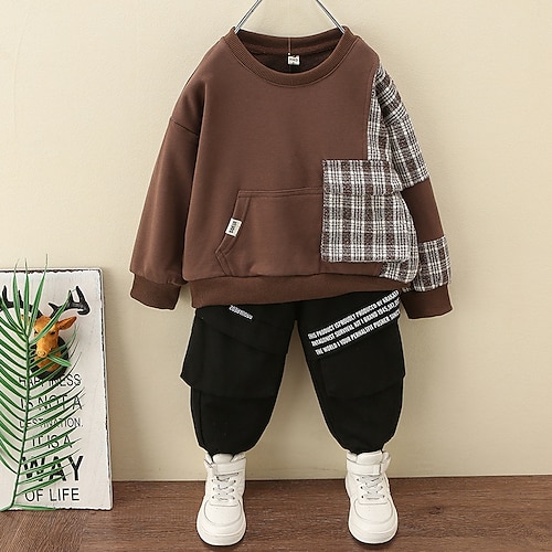 

2 Pieces Toddler Boys Sweatshirt & Pants Outfit Plaid Letter Long Sleeve Set Casual Fashion Daily Winter Fall 7-13 Years Black Khaki