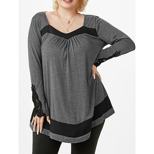 

Women's Plus Size Tops Blouse Color Block Long Sleeve Square Neck Modern Vacation Weekend Polyester Winter Fall Gray
