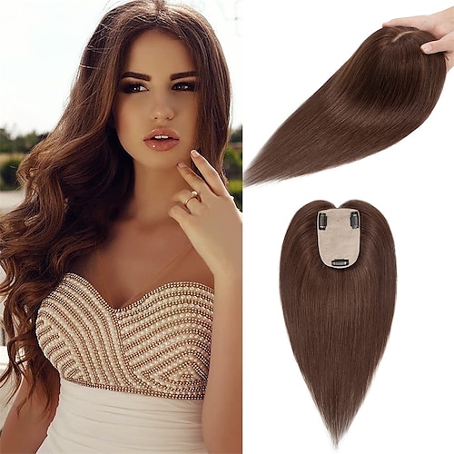 

Hair Toppers for Women Real Human Hair Topper No Bangs #4 Medium Brown 12 Inch Hair Pieces for Women with Thinning Hair clip in topper Upgraded Scalp 41g Hair Loss Cover 100% Human Hair
