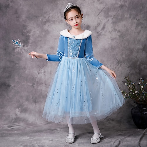 

Frozen Elsa Toddler Girls' Party Dress Solid Color Party Dress Dress Formal Crew Neck Long Sleeve Fashion Dress 3-7 Years Winter Light Blue