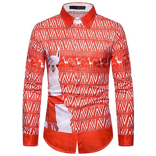 

Men's Shirt Animal Graphic Prints Geometry Turndown Red 3D Print Christmas Street Long Sleeve Button-Down Print Clothing Apparel Fashion Designer Casual Soft