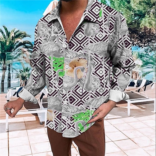 

Men's Shirt Flamingo Graphic Prints Geometry Turndown Blue Gray 3D Print Street Casual Long Sleeve Button-Down Print Clothing Apparel Tropical Casual Hawaiian Soft
