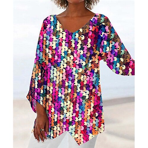 

Women's Plus Size Tops T shirt Tee Color Block Color Gradient Print Long Sleeve V Neck Casual Daily Going out Polyester Winter Fall Blue Pink