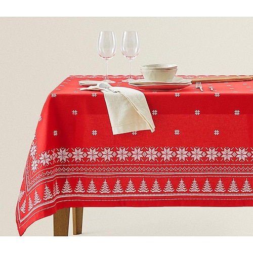 

Christmas Tablecloth Winter Table Cloth for Rectangle Tables Xmas Snowflake Printed Holiday Red Farmhouse Rustic Party Outdoor Decor Christmas Table Cover