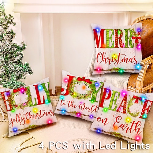 

Christmas LED Lights Throw Pillow Cover 4PC Merry Soft Decorative Square Cushion Pillowcase for Bedroom Livingroom Sofa Couch Chair Superior Quality