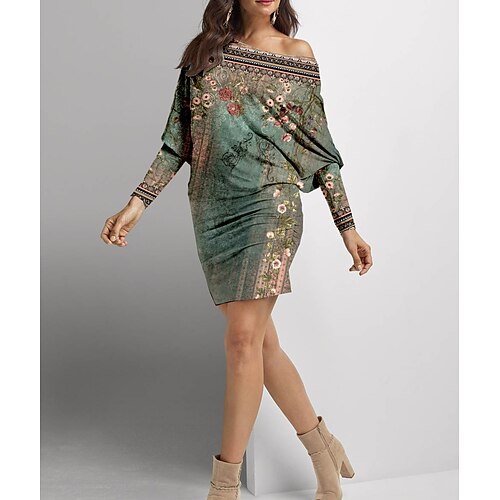 

Women's Sheath Dress Mini Dress Green Long Sleeve Floral Cold Shoulder Winter Fall Spring One Shoulder Stylish Weekend 2022 S M L XL XXL 3XL