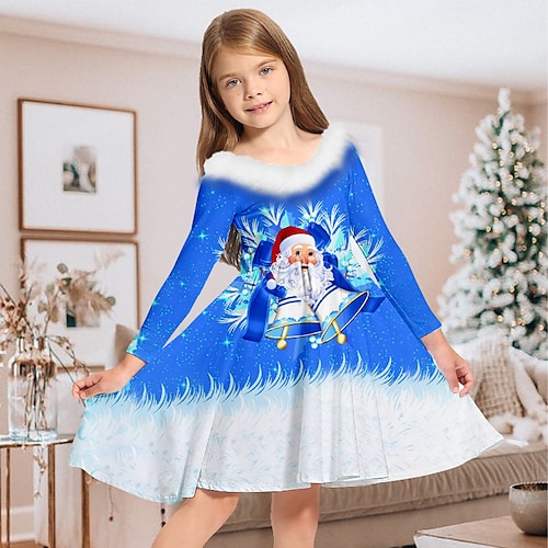 

Kids Girls' Christmas Dress Santa Claus Casual Dress Above Knee Dress Christmas Gifts Fur Trim Long Sleeve Adorable Dress 2-13 Years Winter Blue