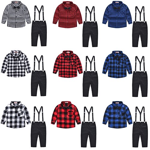 

4 Pieces Toddler Boys Shirt & Pants Outfit Plaid Long Sleeve Set Outdoor Fashion Daily Winter Fall 3-7 Years Blue Wine Royal Blue
