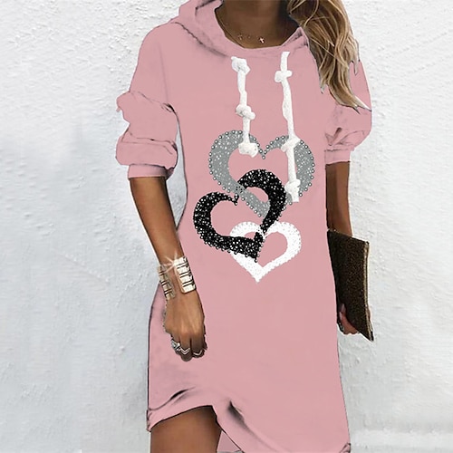 

Women's Hoodie Dress Shift Dress Mini Dress Black Pink Gray Long Sleeve Heart Print Winter Fall Spring Hooded Fashion Daily 2022 S M L XL XXL 3XL