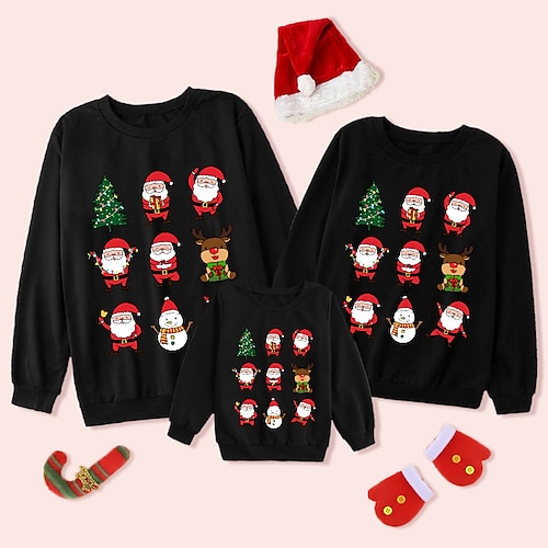 

Family Christmas Sweatshirt Santa Claus Snowman Christmas Tree Casual Crewneck Black Long Sleeve Adorable Matching Outfits