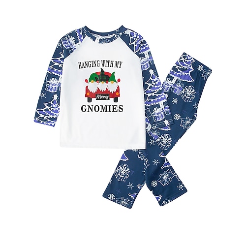 

Christmas Pajamas Family Letter Santa Claus Christmas Tree Home Blue Long Sleeve Basic Matching Outfits