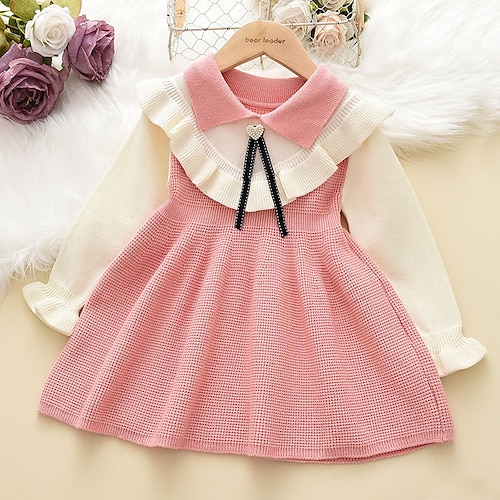 

Kids Girls' Dress Plain Sweater Dress Above Knee Dress Daily Ruffle Long Sleeve Cute Dress 2-6 Years Winter Pink Yellow Red