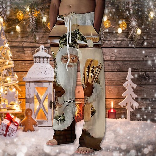 

Men's Christmas Pants Trousers Beach Pants Drawstring Elastic Waist 3D Print Santa Claus Graphic Prints Christmas Comfort Casual Daily Holiday Streetwear Designer Yellow Beige