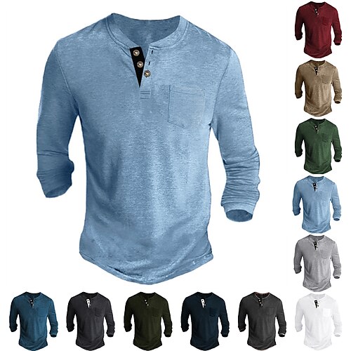 

Men's Henley Shirt Tee Solid Color Henley Green Black Blue Wine Army Green Casual Holiday Long Sleeve Button-Down Clothing Apparel Fashion Designer Comfortable Essential