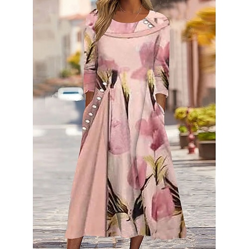 

Women's Swing Dress Midi Dress Pink 3/4 Length Sleeve Floral Print Winter Fall Spring U Neck Modern Daily 2022 S M L XL 2XL 3XL