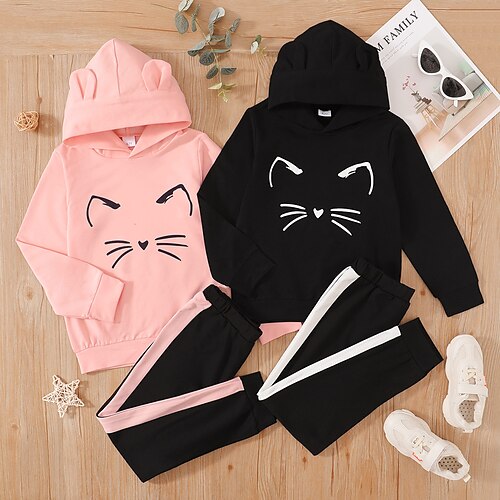 

2 Pieces Kids Girls' Color Block Hoodie & Pants Set Long Sleeve Active Outdoor 7-13 Years Winter Black Pink