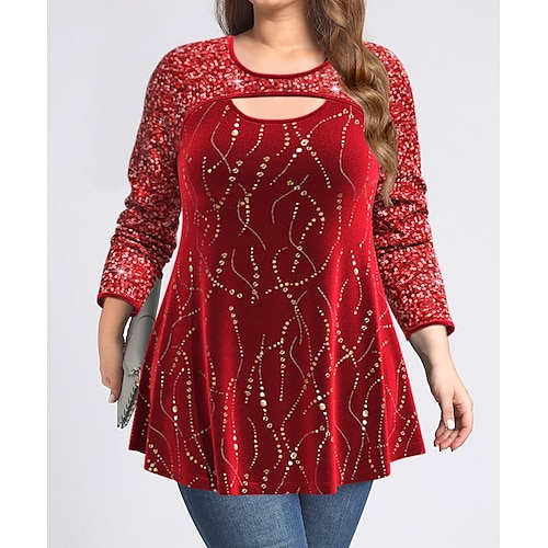 

Mulheres Plus Size Blusas Blusa Gráfico Paetês Imprimir Manga Longa Gola Redonda Elegante Moderno Festa Para Noite Poliéster Inverno Outono Vermelho