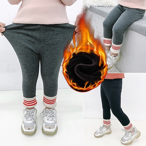 

Kids Girls' Fleece Lined Leggings Solid Color Adorable School 3-7 Years Winter Black Gray