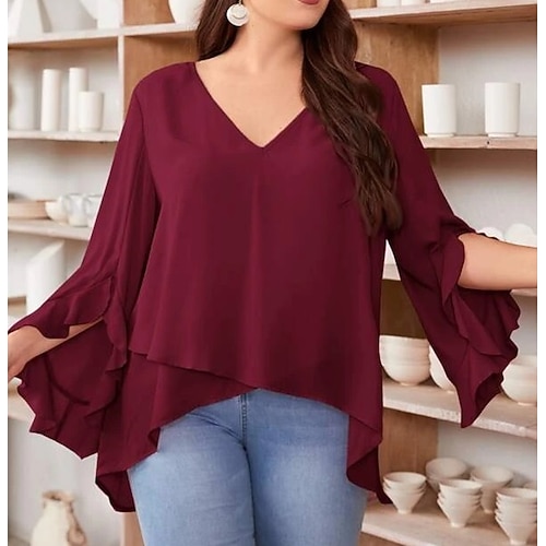 

Women's Plus Size Tops Blouse Plain 3/4 Length Sleeve V Neck Fashion Modern Vacation Going out Polyester Winter Fall Wine