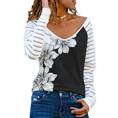 

Women's T shirt Tee Black Khaki Beige Floral Text Print Long Sleeve Daily Weekend Basic V Neck Regular Floral Painting S