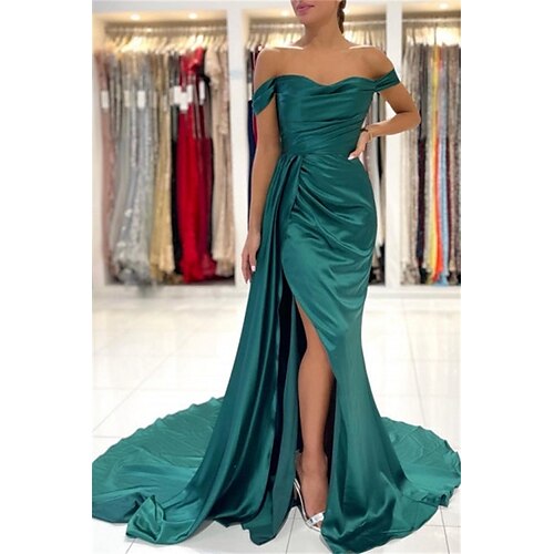 

Mermaid / Trumpet Evening Gown Sexy Dress Formal Court Train Sleeveless Off Shoulder Charmeuse with Ruched Slit 2022