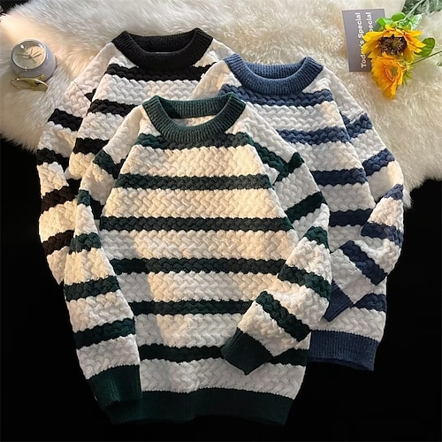 

Men's Pullover Sweater Jumper Cable Knit Knitted Striped Crewneck Stylish Keep Warm Daily Wear Vacation Clothing Apparel Winter Fall Black Green M L XL