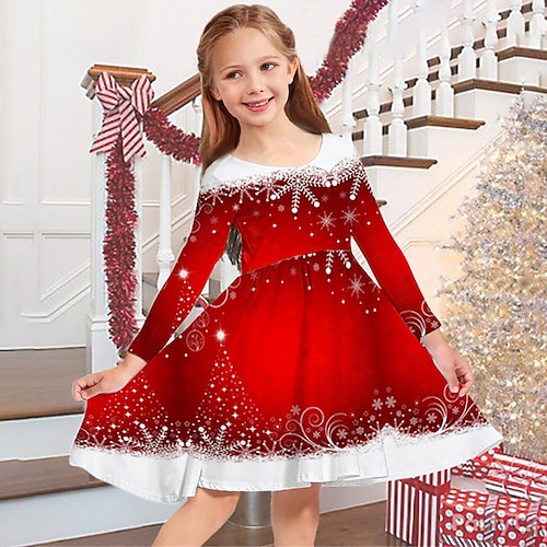 

Рождественское платье для девочек, повседневное платье со снежинкой, платье выше колена, очаровательное платье с длинными рукавами в подарок, зимнее красное платье на 2–13 лет