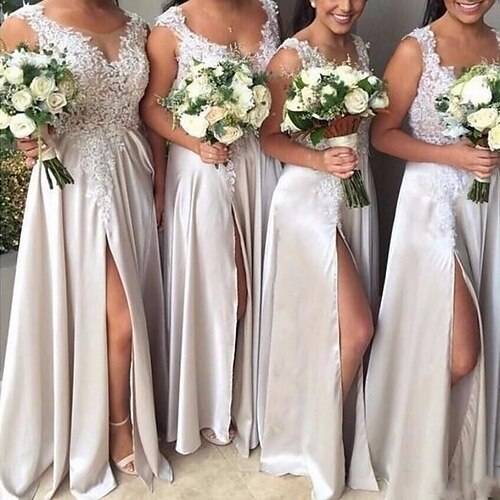 

A-Line Bridesmaid Dress V Neck Sleeveless Elegant Sweep / Brush Train Lace / Charmeuse with Split Front / Solid Color 2022