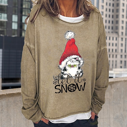 

Women's Sweatshirt Pullover Basic Black Blue Khaki Cat Christmas Round Neck Long Sleeve S M L XL 2XL 3XL