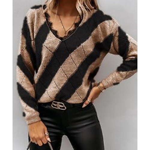 

Women's Blouse Shirt Black Khaki Color Block Lace Trims Crochet Long Sleeve Casual Weekend Basic V Neck Regular S