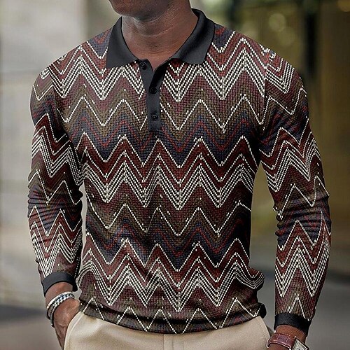 

Men's Collar Polo Shirt Golf Shirt Graphic Prints Geometry Turndown Khaki 3D Print Outdoor Street Long Sleeve Button-Down Print Clothing Apparel Fashion Designer Casual Soft