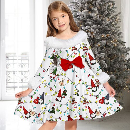 

Kids Girls' Christmas Dress Plaid Casual Dress Above Knee Dress Christmas Gifts Fur Trim Crew Neck Long Sleeve Adorable Dress 2-13 Years Winter Camel Khaki Brown