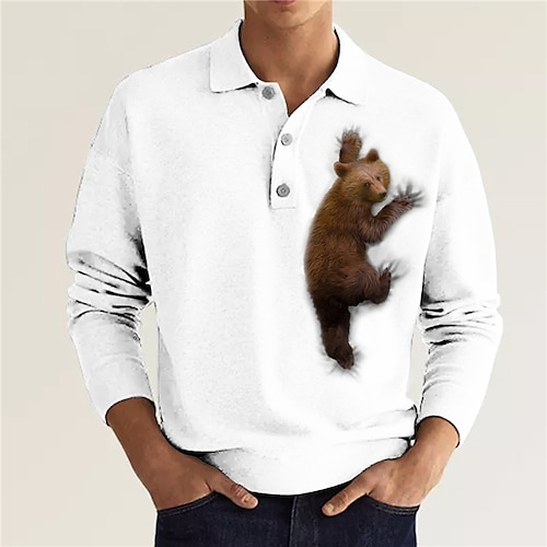 

Men's Polo Shirt Golf Shirt Animal Bear Graphic Prints Turndown Green Black Blue Red Navy Blue 3D Print Outdoor Street Long Sleeve Button-Down Print Clothing Apparel Fashion Designer Casual Soft
