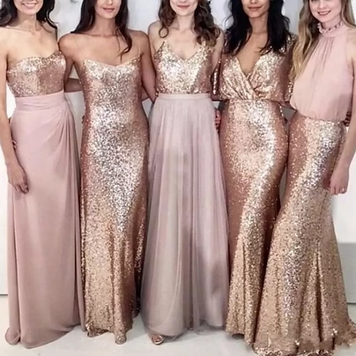 

Sheath / Column Bridesmaid Dress V Neck / Spaghetti Strap Sleeveless Elegant Floor Length Chiffon / Lace with Pleats / Sequin 2022