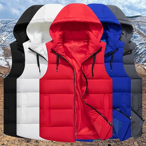 

Men's Padded Hiking Vest Quilted Puffer Jacket Sleeveless Outerwear Top Outdoor Thermal Warm Breathable Lightweight Detachable Cap Winter Cotton Black Blue Red Work Fishing Climbing